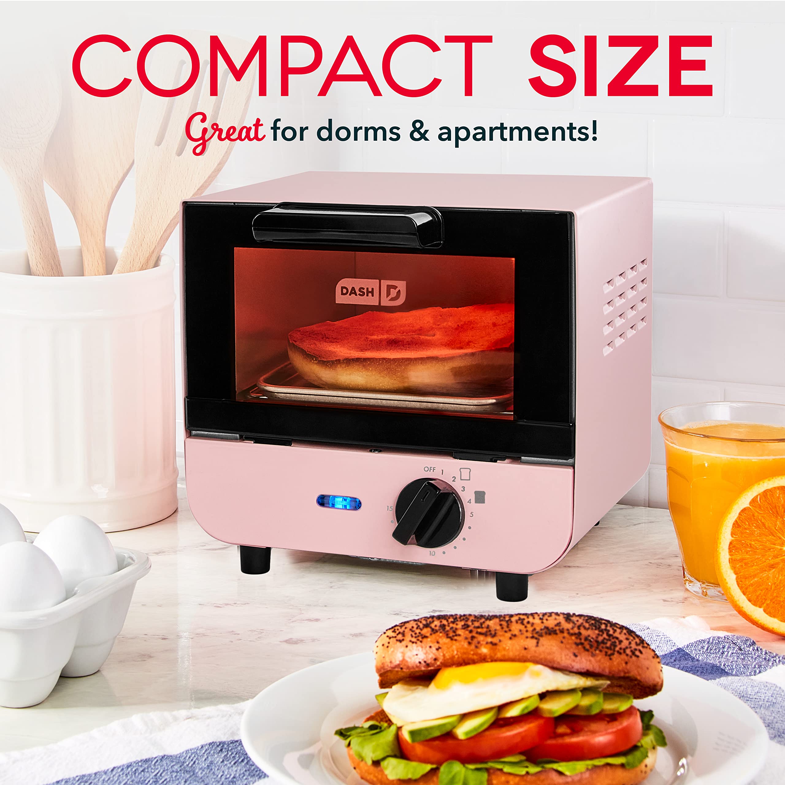 Dash Mini Toaster Oven Cooker For Bread, Bagels, Cookies, Pizza, Paninis & More With Baking Tray, Rack, Auto Shut Off Feature -